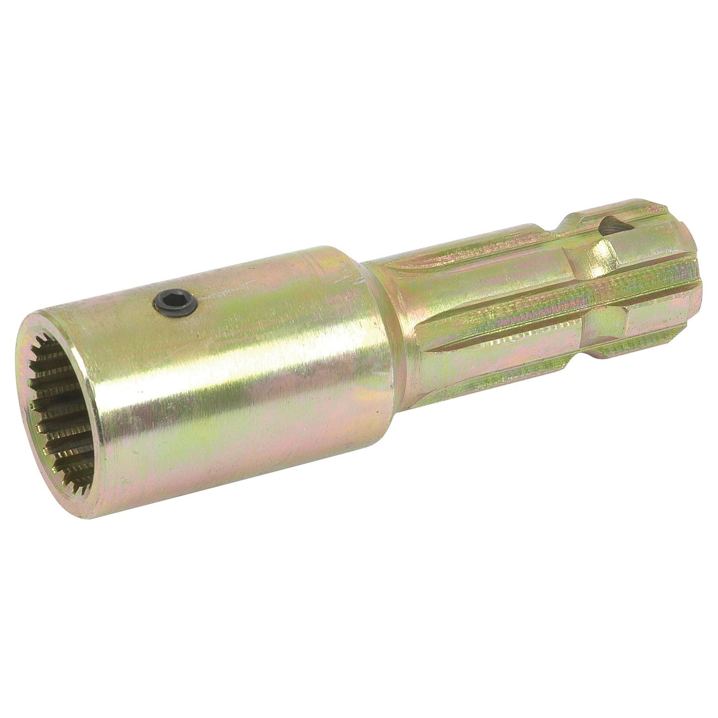 The Sparex PTO Adaptor - Female spline 1 3/8'' - 21 x Male spline 1 3/8'' - 6 with - S.256, is a metallic cylindrical mechanical part featuring internal and external grooves, a small black screw on the side, and precise spline diameter specifications for enhanced compatibility.