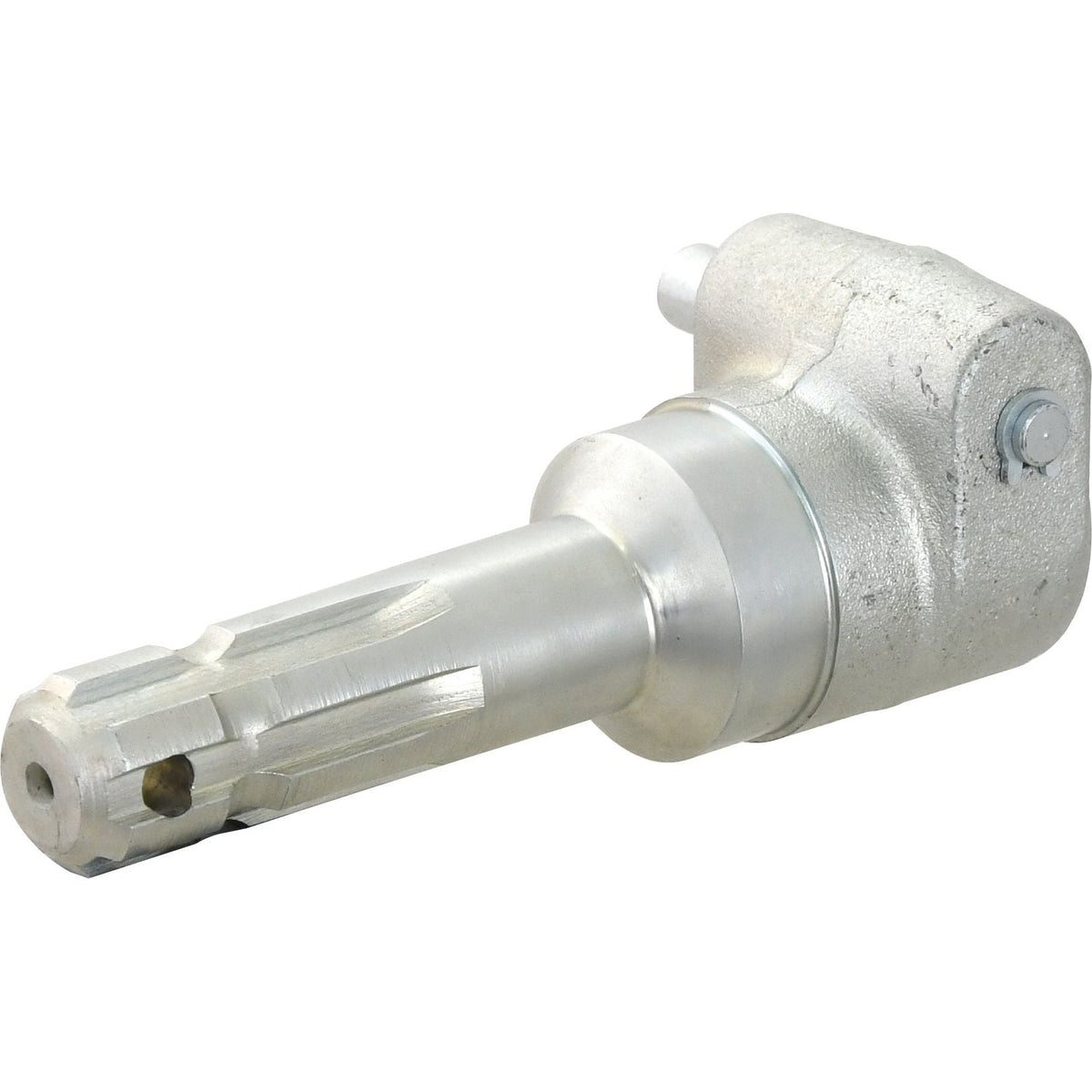 Close-up of the Sparex PTO Adaptor - Female spline 1 3/8'' - 6 x Male spline 1 1/8'' - 6 with Quick Release Pin (S.15678), featuring a cylindrical shaft with grooves and a hollow section on one end, and a rounded rectangular attachment at the other end.