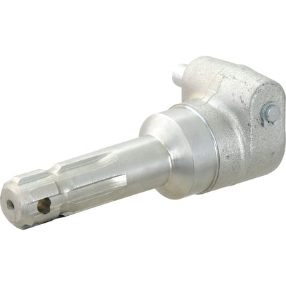 Close-up of the Sparex PTO Adaptor - Female spline 1 3/8'' - 6 x Male spline 1 1/8'' - 6 with Quick Release Pin (S.15678), featuring a cylindrical shaft with grooves and a hollow section on one end, and a rounded rectangular attachment at the other end.