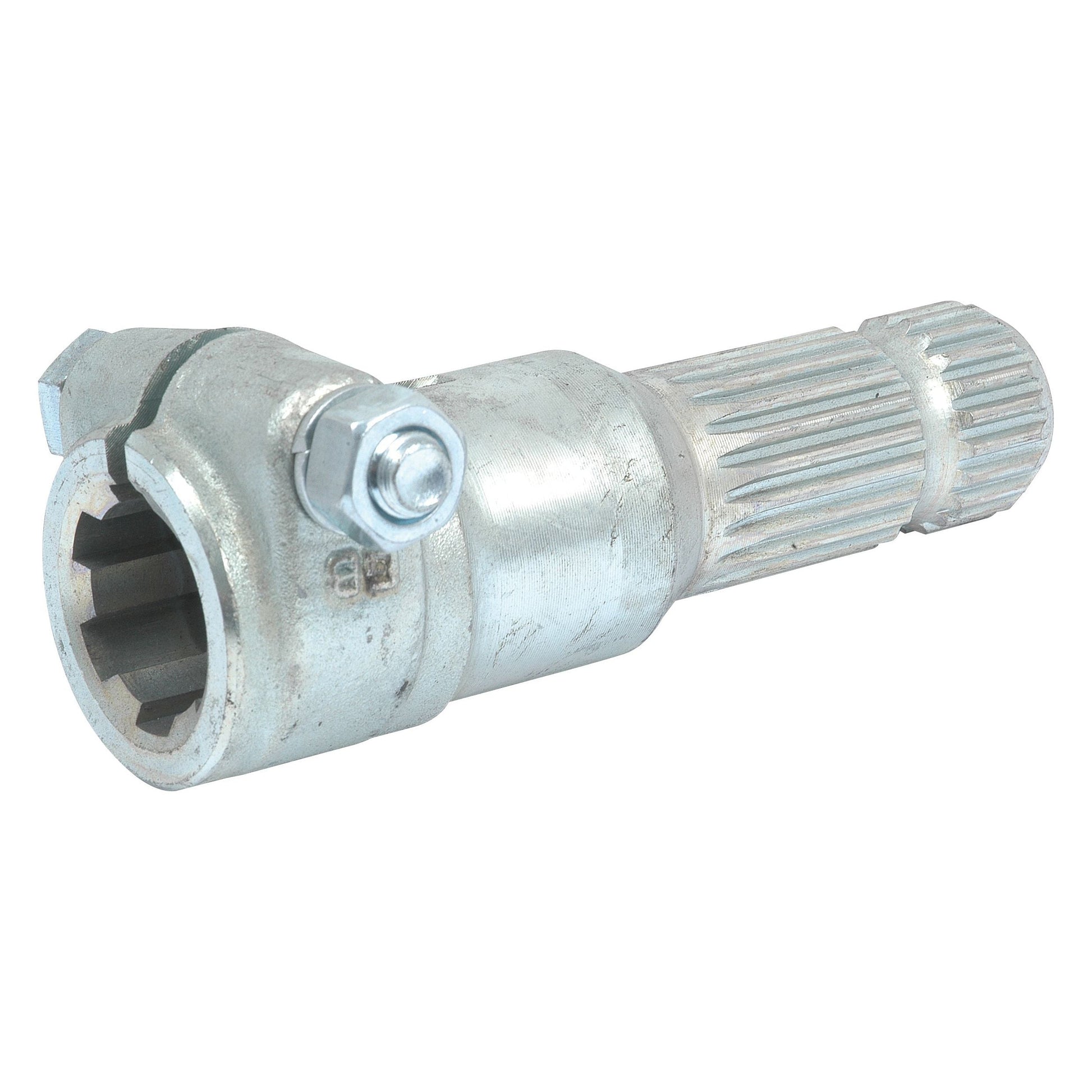 Close-up of the Sparex PTO Adaptor (S.15904), showcasing its heavy-duty design with a threaded clamp bolt and a cylindrical, ribbed section.