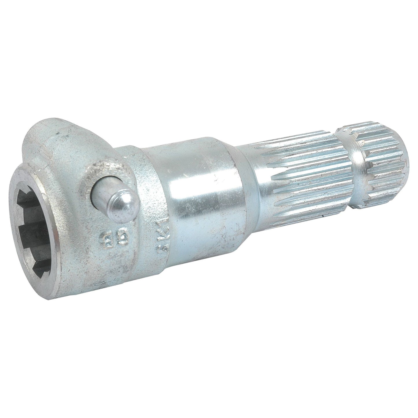 The Sparex PTO Adaptor - Female spline 1 3/8'' - 6 x Male spline 1 3/8'' - 21 with Quick Release Pin (S.15903) is a robust metallic component featuring a grooved surface and hexagonal socket, ideal for PTO adapter systems.
