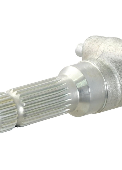 Close-up of a metallic gear shaft with ridged teeth and a cylindrical body, featuring a small protruding cap at one end, comparable to the Sparex PTO Adaptor - Female spline 1 3/8'' - 6 x Male spline 1 3/8'' - 21 with Quick Release Pin (S.3738).