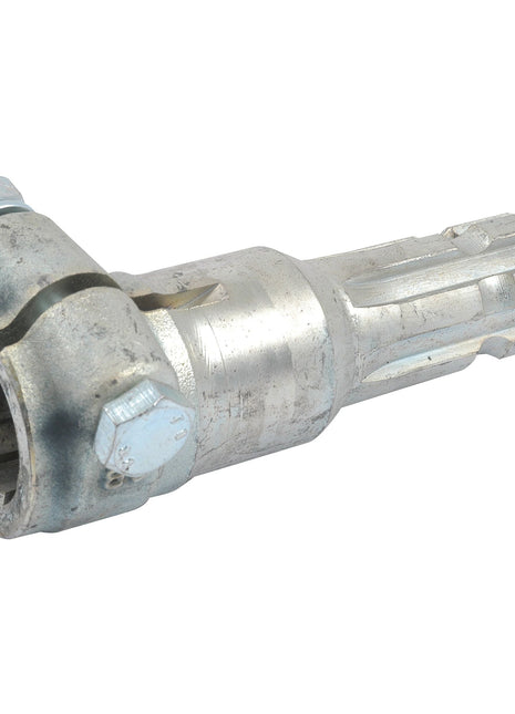 The Sparex PTO Adaptor - Female spline 1 3/8'' - 6 x Male spline 1 3/8'' - 6 with Clamp Bolt (S.15902) is a heavy-duty automotive tool with a cylindrical shape and a grooved surface, featuring bolts on one end.