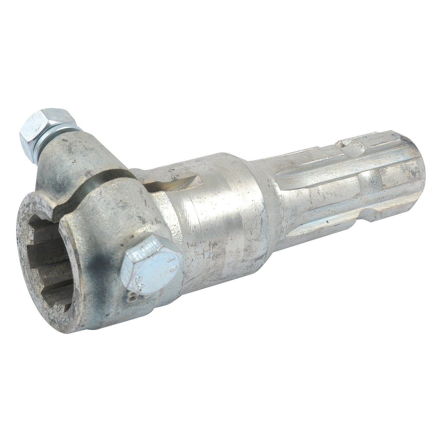 The Sparex PTO Adaptor - Female spline 1 3/8'' - 6 x Male spline 1 3/8'' - 6 with Clamp Bolt (S.15902) is a heavy-duty automotive tool with a cylindrical shape and a grooved surface, featuring bolts on one end.