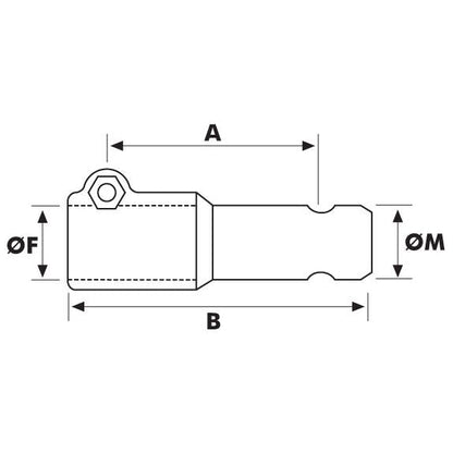 Technical drawing of the Sparex PTO Adaptor - Female spline 1 3/8'' - 6 x Male spline 1 3/8'' - 6 with Clamp Bolt (S.3741) with labeled dimensions: ØF (width of one end), ØM (width of the other end), A (length excluding protrusion), and B (total length including protrusion). Suitable for standard duty applications up to 70HP.