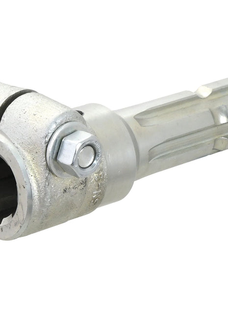 A close-up of the Sparex PTO Adaptor - Female spline 1 3/8'' - 6 x Male spline 1 3/8'' - 6 with Clamp Bolt (S.3741), showcasing its hexagonal socket, bolt, and smooth cylindrical shaft designed for mechanical applications, featuring a Standard Duty design.