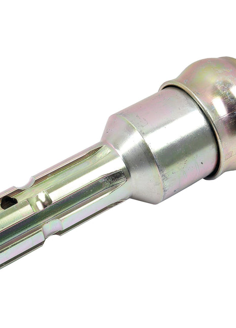 The Sparex PTO Adaptor - Female spline 1 3/8'' - 6 x Male spline 1 3/8'' - 6 with Quick Release Collar (S.23737) is a metallic, cylindrical tool part featuring a rounded end and a notched, open tip, designed for easy handling with its quick-release collar.