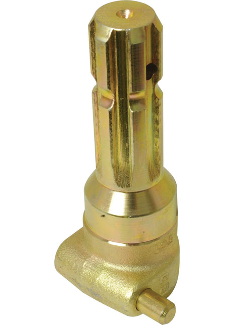 A component from Sparex, similar to the Standard Duty PTO Adapter, described as a PTO Adaptor - Female spline 1 3/8'' - 6 x Male spline 1 3/8'' - 6 with Quick Release Pin (S.3737), features a metallic, cylindrical structure with a hexagonal top, grooved body, and an angled base fitted with a smaller cylindrical attachment.