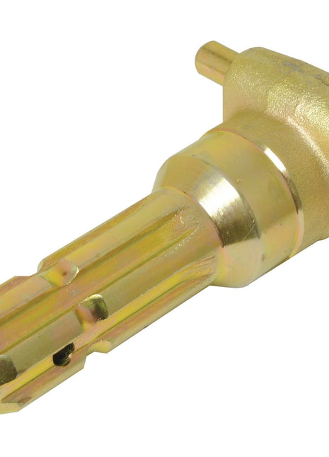 The Sparex PTO Adaptor - Female spline 1 3/8'' - 6 x Male spline 1 3/8'' - 6 with Quick Release Pin (S.3737) features a standard-duty metal hydraulic quick coupler, showcasing a golden finish, a hexagonal body, and a short cylindrical extension at the top.