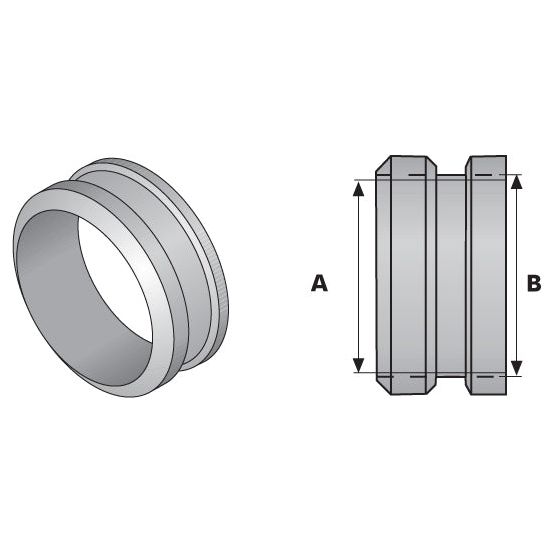 Illustration of a mechanical component with a cylindrical shape featuring two grooves, resembling the PTO BEARING-WELD ON-SMALL (Sparex Part No. S.14926) by Sparex. The right side includes a labeled dimension diagram indicating measurements A and B.