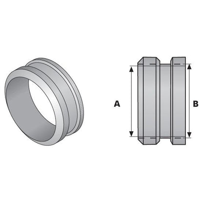 Illustration of a mechanical component with a cylindrical shape featuring two grooves, resembling the PTO BEARING-WELD ON-SMALL (Sparex Part No. S.14926) by Sparex. The right side includes a labeled dimension diagram indicating measurements A and B.