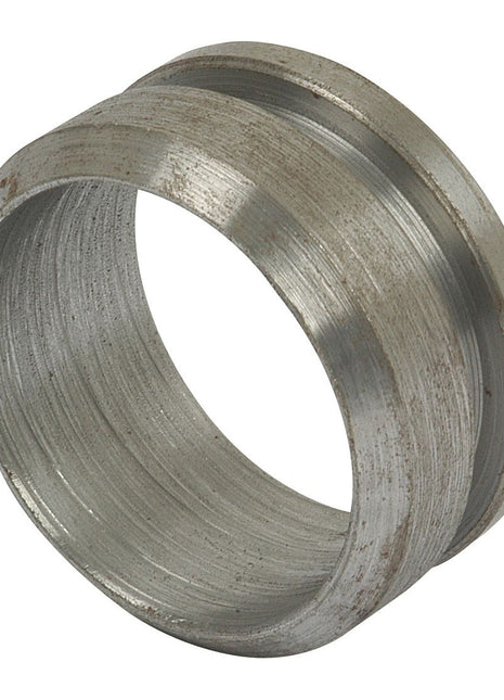 The PTO BEARING-WELD ON-SMALL | Sparex Part No.S.14926, by brand Sparex, is a metal ring featuring a smooth outer surface and a slightly textured inner surface, with two parallel grooves on the outer surface. It has an appearance that suggests slight wear or tarnish, similar to an old PTO bearing in need of replacement.