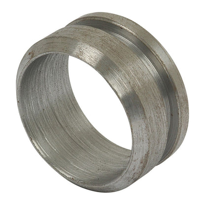 The PTO BEARING-WELD ON-SMALL | Sparex Part No.S.14926, by brand Sparex, is a metal ring featuring a smooth outer surface and a slightly textured inner surface, with two parallel grooves on the outer surface. It has an appearance that suggests slight wear or tarnish, similar to an old PTO bearing in need of replacement.