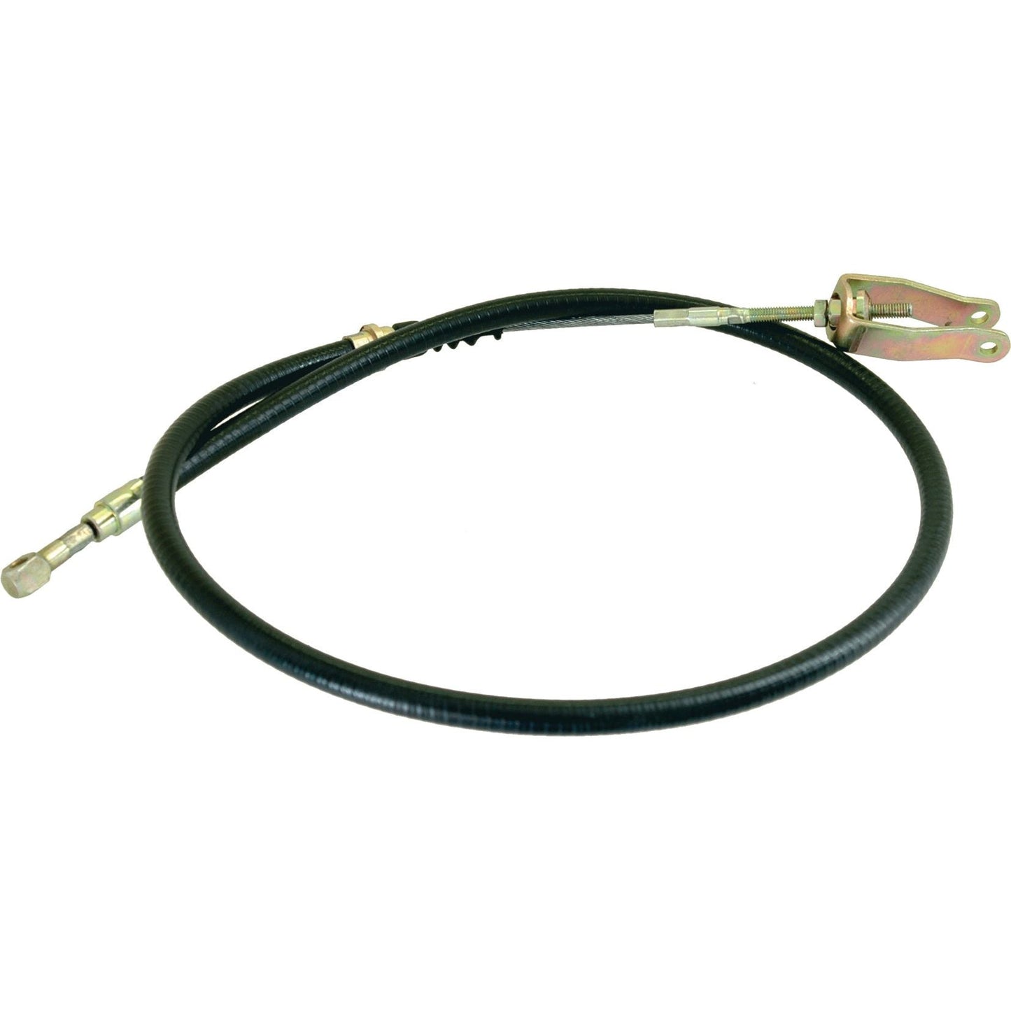 The Sparex PTO Cable (Part No. S.62197) is a black, flexible cable measuring 1150mm in length with an outer cable length of 900mm. It features metal fittings on each end; one end has a forked connector while the other end includes a threaded bolt, making it an ideal component for Fiat tractors.