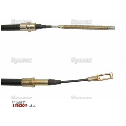 Two close-up views of a Sparex PTO Clutch Cable (Sparex Part No.S.57321), measuring 954mm in length with an outer cable length of 654mm. The black cable features metal fittings, with one end showing a threaded rod and the other a rectangular connector.