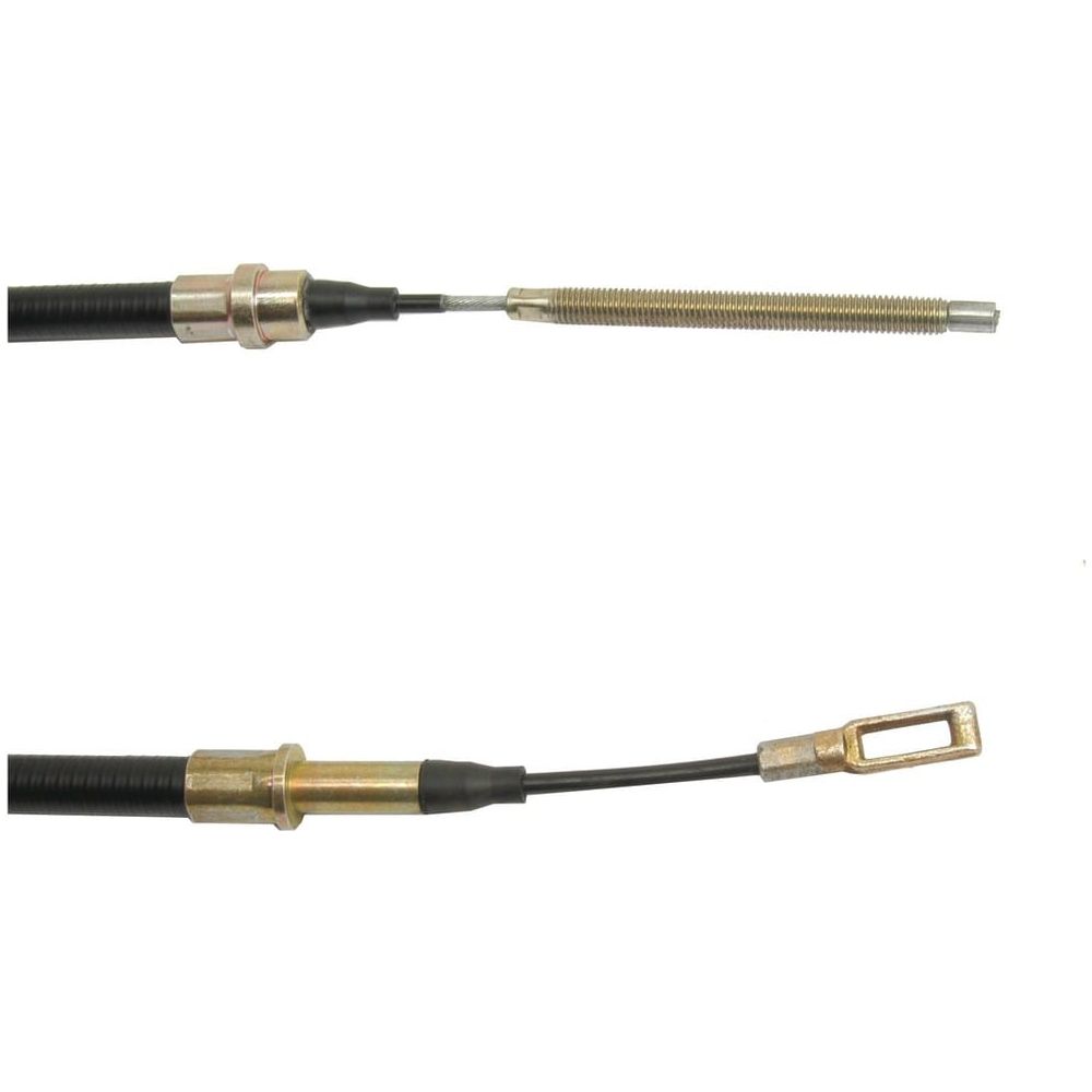 Close-up of a Sparex PTO Clutch Cable, Sparex Part No. S.57321, measuring 954mm in length with an outer cable length of 654mm, featuring a black outer casing and metal connectors on each end. The cable includes a threaded adjuster at one end and a rectangular fitting at the other end.