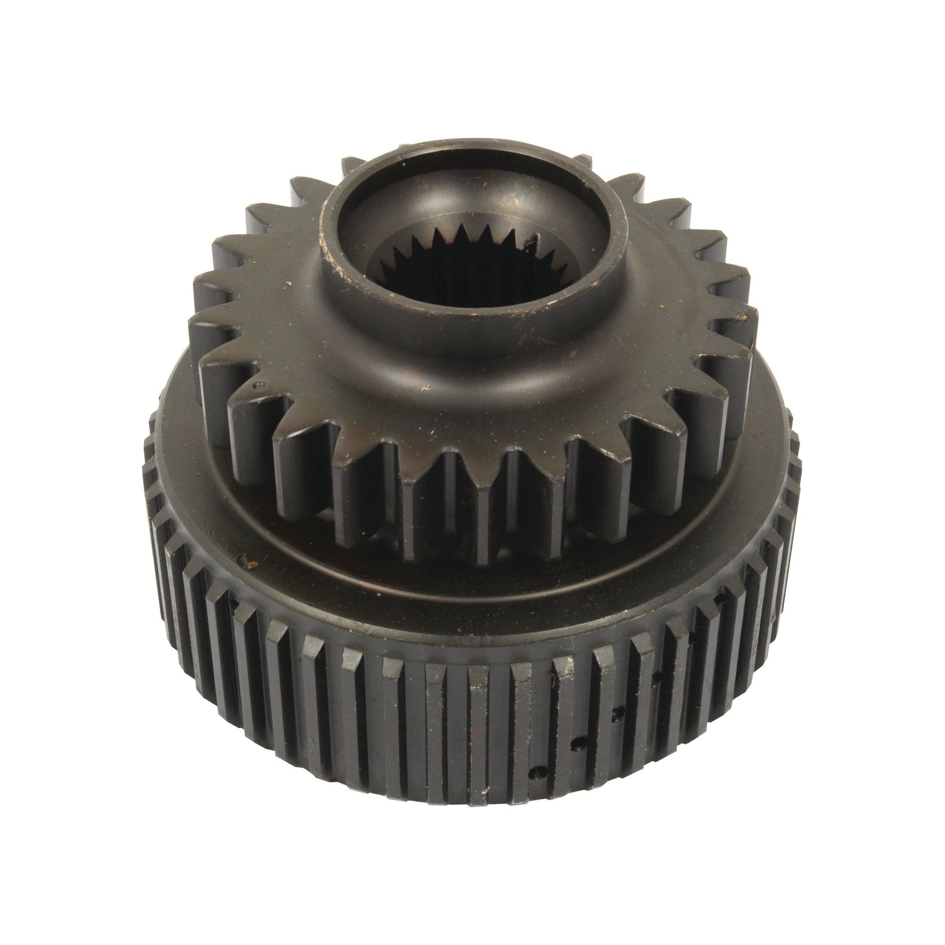 The Sparex PTO Clutch Hub, part number S.65608, is a black mechanical gear featuring interlocking teeth and a central hole, specifically designed for machinery or automotive applications such as Ford New Holland models.