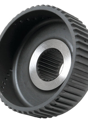 Close-up of the Sparex PTO Clutch Hub (Part No. S.65969), showcasing a black mechanical cogwheel with a silver central hub and grooved edges, compatible with Ford New Holland and embodying the trusted reliability of Sparex quality.