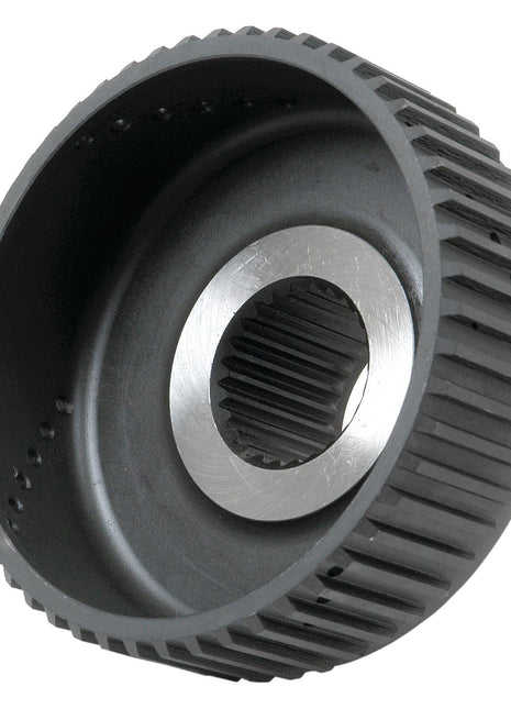 Close-up of the Sparex PTO Clutch Hub (Part No. S.65969), showcasing a black mechanical cogwheel with a silver central hub and grooved edges, compatible with Ford New Holland and embodying the trusted reliability of Sparex quality.