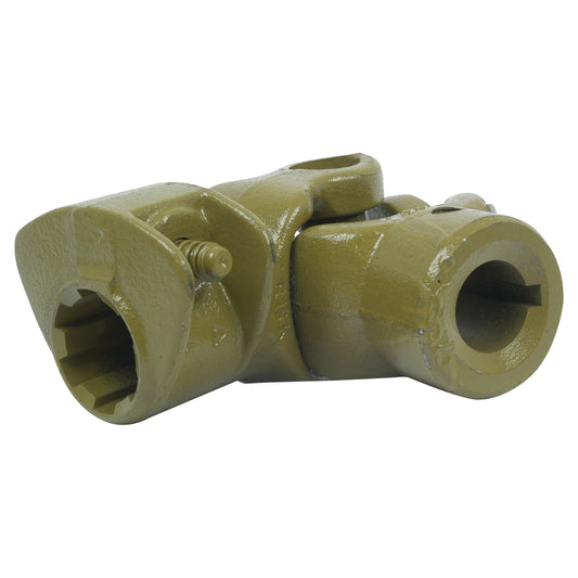 A close-up of the olive green-painted Sparex PTO Coupling (U/J Size: 22 x 54.8mm) with a cylindrical hollow section and hexagonal opening, designed for PTO Series applications, featuring a size of 1 3/8''-6 Spline, Bore Ø1'', and Key Size: 1/4''. | Sparex Part No.S.6573