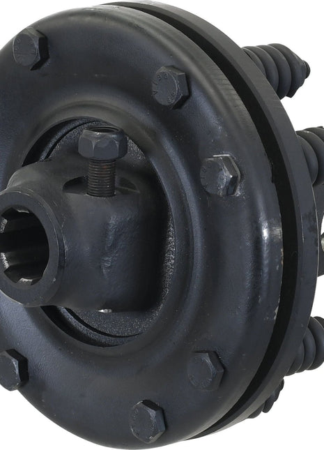 The PTO Friction Clutch (U/J Size: 27 x 74.5mm), Size: 1 3/8''-6 Spline - S.6740 from Sparex, is a circular mechanical coupling device with bolts and screws, primarily black in color with metallic components, inspired by the Italian Series AB4/A4.