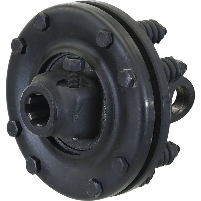 Close-up of the Sparex PTO Friction Clutch (U/J Size: 30.2 x 92mm) Size: 1 3/8''-6 Spline - S.6742, a black industrial mechanical component with bolts and screws, featuring influences from the Italian Series AB6/A6 design.