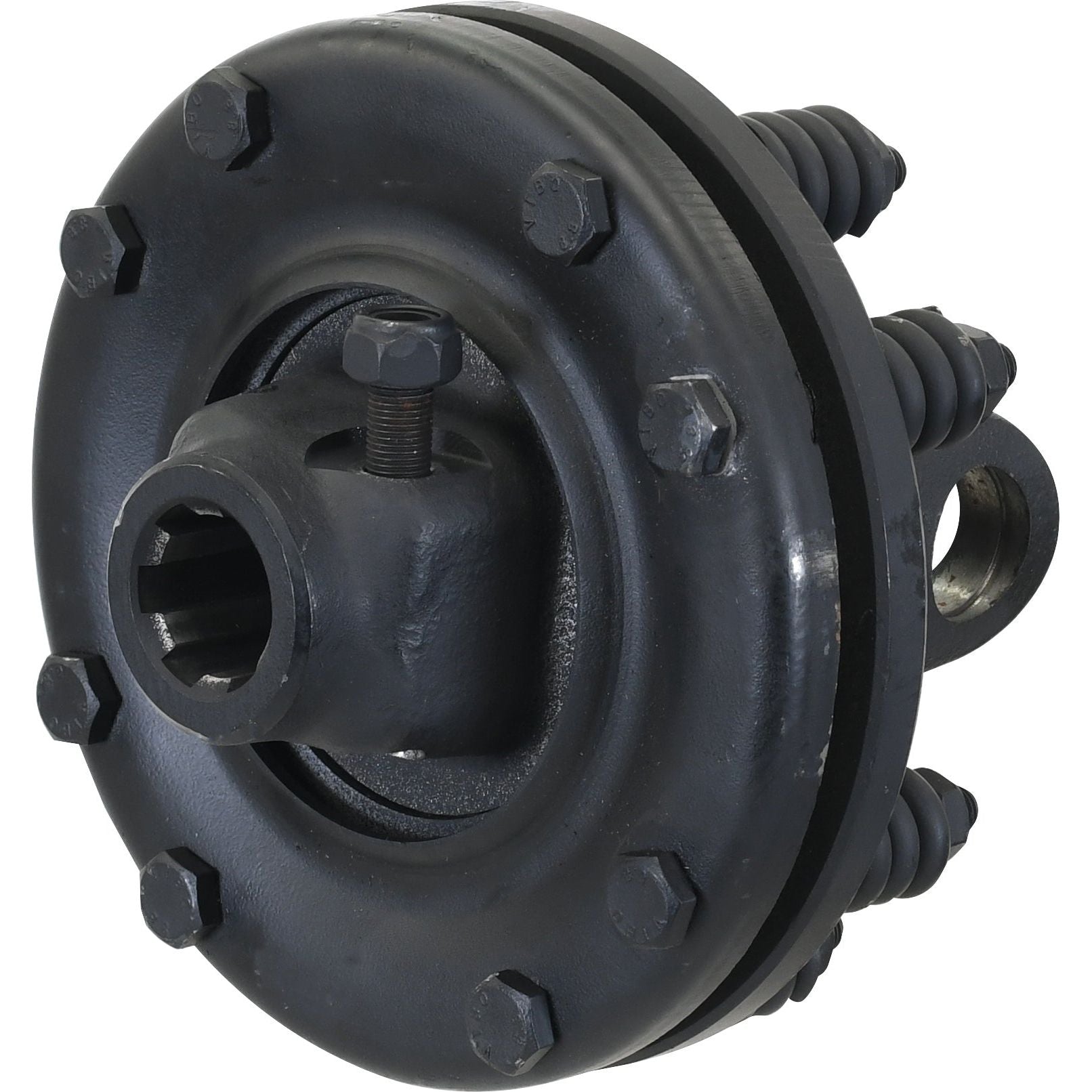 A detailed close-up of the PTO Friction Clutch by Sparex (U/J Size: 32 x 76mm, S.6448), featuring a black, industrial mechanical coupling with multiple bolts and two coiled springs on each side, highlighting its precise torque setting capabilities.