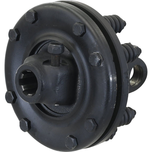 A detailed close-up of the PTO Friction Clutch by Sparex (U/J Size: 32 x 76mm, S.6448), featuring a black, industrial mechanical coupling with multiple bolts and two coiled springs on each side, highlighting its precise torque setting capabilities.