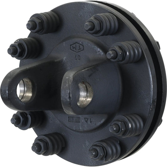 The PTO Friction Clutch (U/J Size: 35 x 106.5mm) - S.6744 by Sparex is a black mechanical coupling with multiple bolts arranged in a circular pattern, featuring a central yoke with two openings, reminiscent of the robust designs of the German Series AW24/W240.