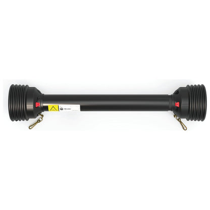 A black, cylindrical mechanical component with textured ends, a warning label, and metal clips on either side; the Sparex PTO Guard - Easylock, Extra Large (710mm), Part No. S.59620 ensures safety and reliability.