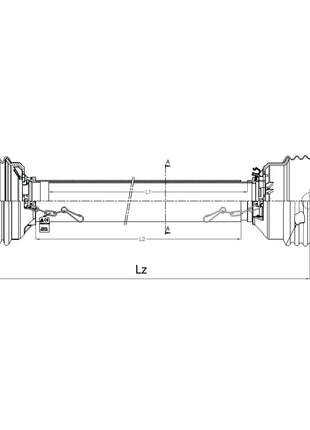 Technical drawing of an industrial component with labeled dimensions including Lz (1010mm), L1, and L2. The component features ridged ends, a central cylindrical body, and a Sparex PTO Guard - Easylock - Wide Angle for safety. Size: Medium. | Sparex Part No.S.59624
