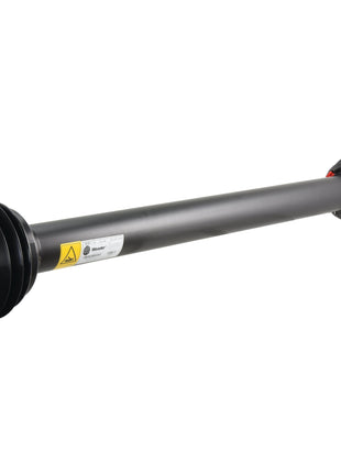 A black industrial driveshaft from Sparex, featuring the PTO Guard - Easylock - Wide Angle with a protective cover and warning label, designed for mechanical power transmission and measuring 1010mm in length (Size: Medium), offers reliable protection. (Sparex Part No. S.59624)