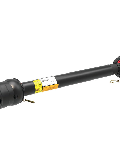 A black cylindrical mechanical component, the PTO Guard - Easylock - Wide Angle from Sparex (Sparex Part No. S.20231), measuring 1010mm in length and size small, features connectors at both ends along with labels and safety warnings on its surface for user convenience, including an Easylock mechanism.