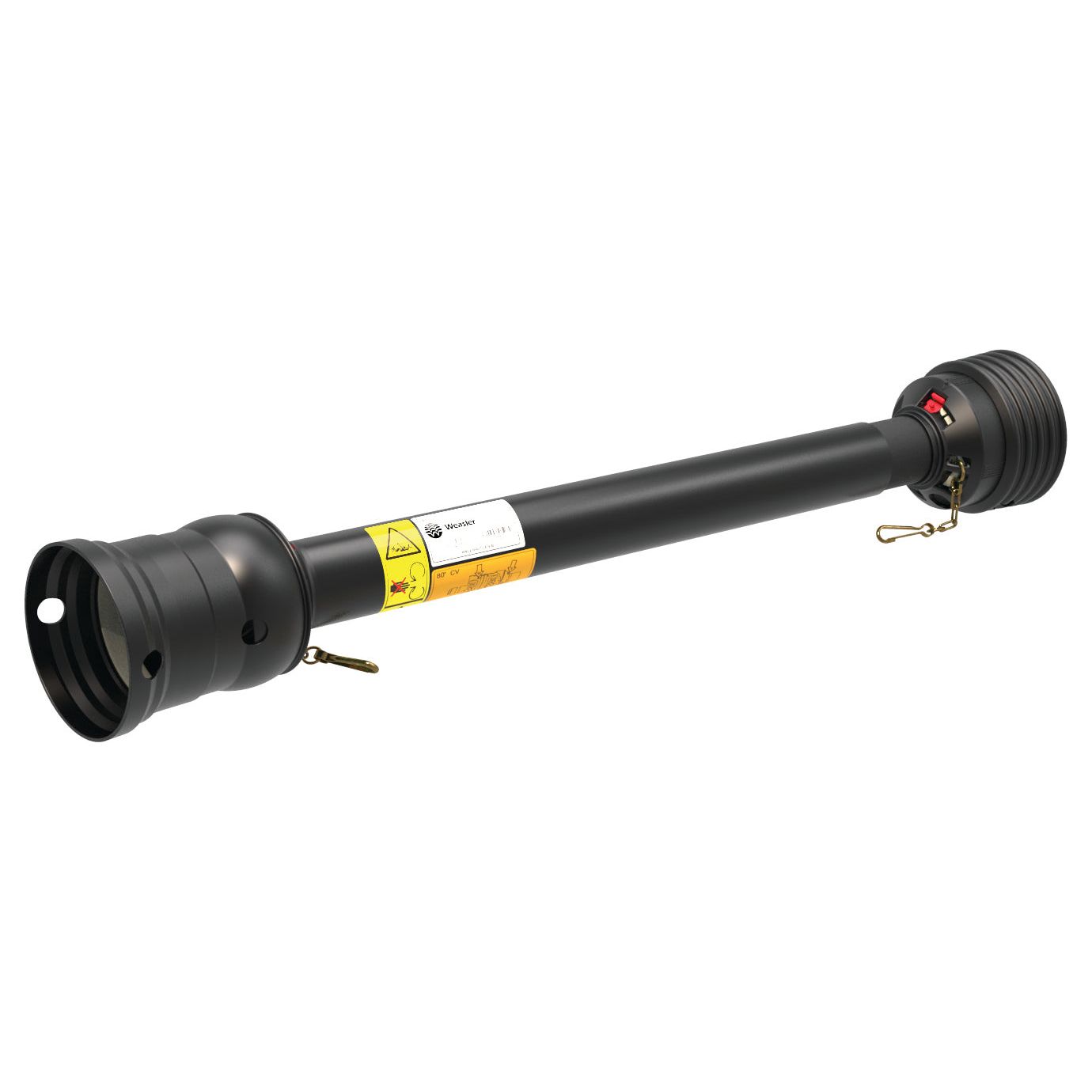 A black cylindrical mechanical component, the PTO Guard - Easylock - Wide Angle from Sparex (Sparex Part No. S.20231), measuring 1010mm in length and size small, features connectors at both ends along with labels and safety warnings on its surface for user convenience, including an Easylock mechanism.