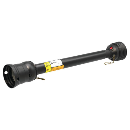 A black cylindrical mechanical component, the PTO Guard - Easylock - Wide Angle from Sparex (Sparex Part No. S.20231), measuring 1010mm in length and size small, features connectors at both ends along with labels and safety warnings on its surface for user convenience, including an Easylock mechanism.