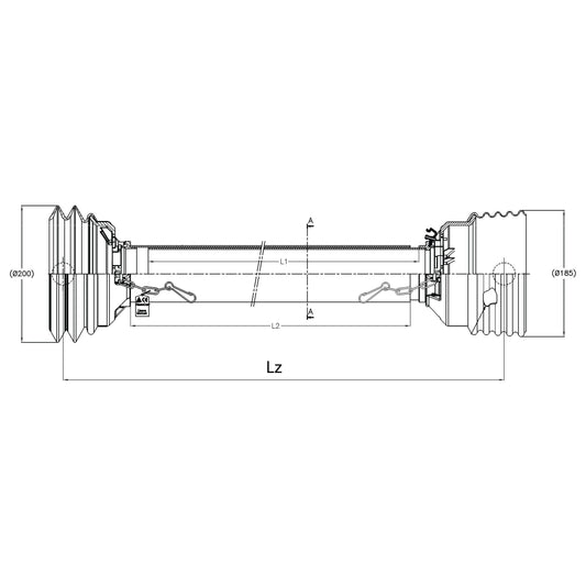 Technical drawing of the PTO Guard - Easylock - Wide Angle (Sparex Part No. S.59629) by Sparex, showcasing two bellows-shaped structures at either end and detailed arrows for dimensions L1, L2, and a length (Lz) of 1310mm. The design includes the Easylock system for enhanced security and comes in a large size.
