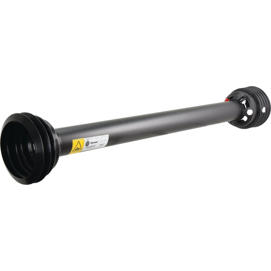 Image of the Sparex PTO Guard - Easylock - Wide Angle black metal driveshaft, featuring coupling ends, a warning label on its smooth cylindrical surface, and a length of 1310mm in size Large (Sparex Part No.S.59629).
