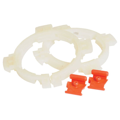 Two white circular plastic rings and two small red plastic clips from the PTO Guard Ring Kit - 55 Series (67 x 67mm) by Sparex, Part No. S.22569, are displayed on a white background.