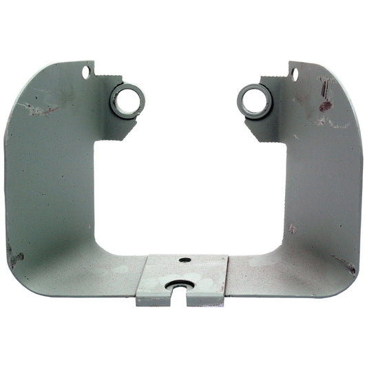 The PTO Guard, Sparex Part No. S.43578 from Sparex, is a gray metal mounting bracket with a design reminiscent of Massey Ferguson parts. It features two circular holes at the top and a rectangular cut-out in the center, along with a slightly weathered appearance.