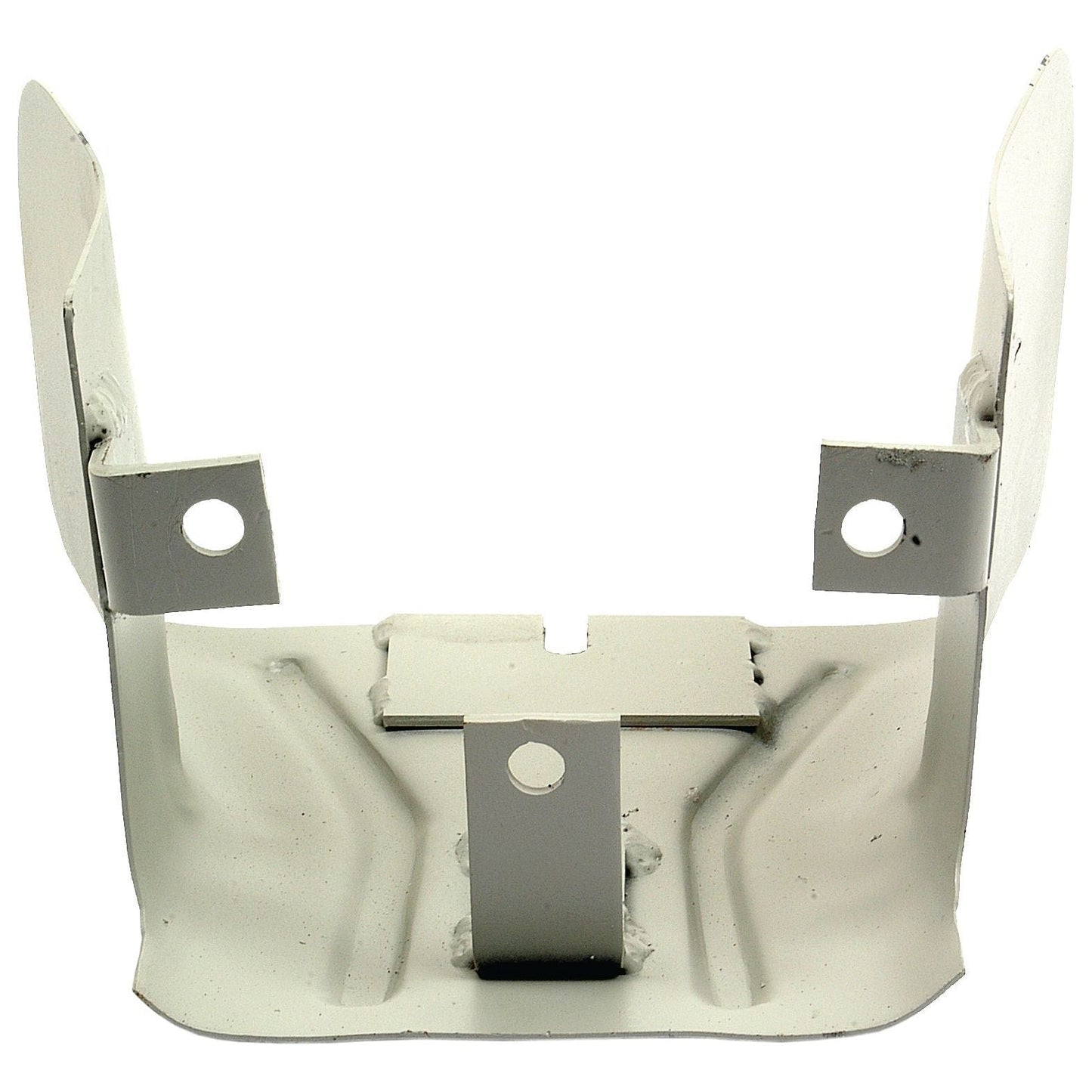 Introducing the Sparex PTO Guard (Sparex Part No.S.67135): A white-painted metal bracket with mounting holes and an angular design, specifically engineered for use as a P.T.O. Guard on Ford/New Holland equipment.