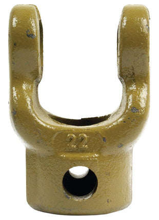 The Sparex PTO Implement Yoke (U/J Size: 22 x 54.8mm) with Vicon 30mm Bore Yoke, Part No. S.6003, is a metal part featuring a cylindrical opening at the bottom and two curved arms at the top, embossed with the number "22", and compatible with Vicon's PTO Series.