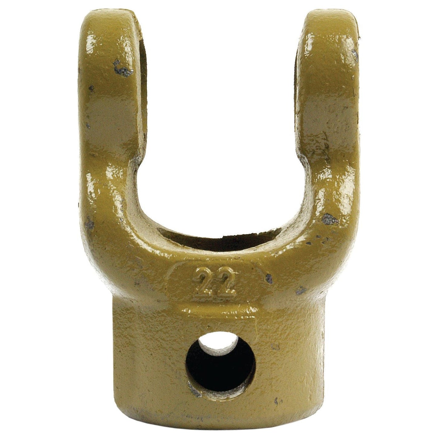 The Sparex PTO Implement Yoke (U/J Size: 22 x 54.8mm) with Vicon 30mm Bore Yoke, Part No. S.6003, is a metal part featuring a cylindrical opening at the bottom and two curved arms at the top, embossed with the number "22", and compatible with Vicon's PTO Series.