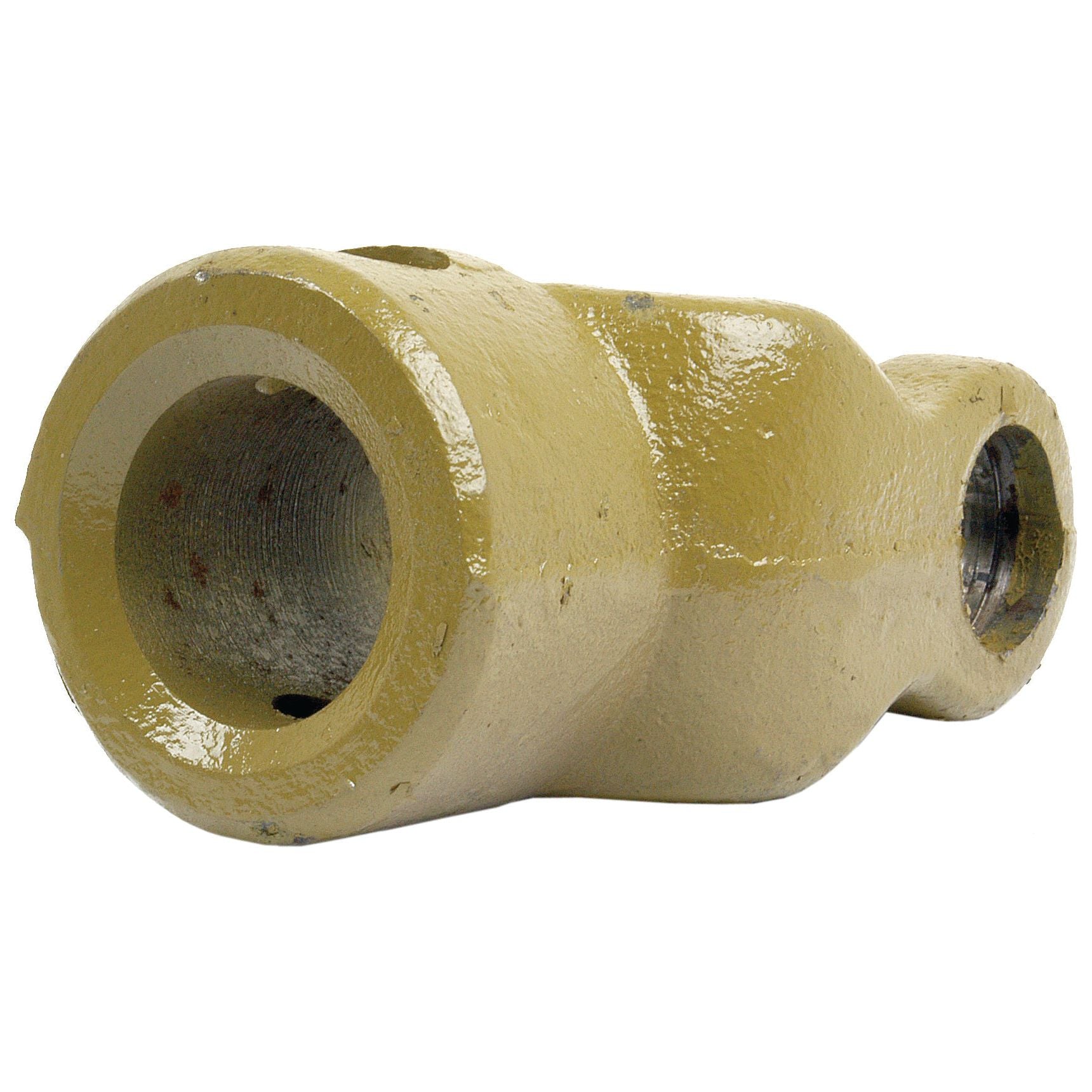 A PTO Implement Yoke from the Sparex brand, featuring a yellow metal construction, cylindrical shape, and multiple threaded openings (U/J Size: 22 x 54.8mm) with a Vicon 30mm Bore Yoke | Sparex Part No. S.6003.