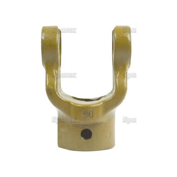 A yellow metal PTO Yoke - Keyed Yoke from Sparex (Sparex Part No. S.6555) with two arms and a bore Ø 30mm at the bottom, featuring a U/J size of 27 x 74.5mm and key size of 8mm, positioned upright against a white background, part of the PTO Series AB4/A4 for universal joint applications.