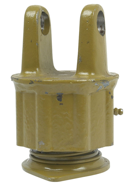 The Sparex PTO Over-Running Clutch (U/J Size: 27 x 70mm) Size: 1 3/8''-6 Spline - S.6624 is a yellow metal automotive part with a cylindrical shape, featuring two vertical prongs at the top and a spring mechanism at the base, designed specifically for the Italian Series AB3/A3.