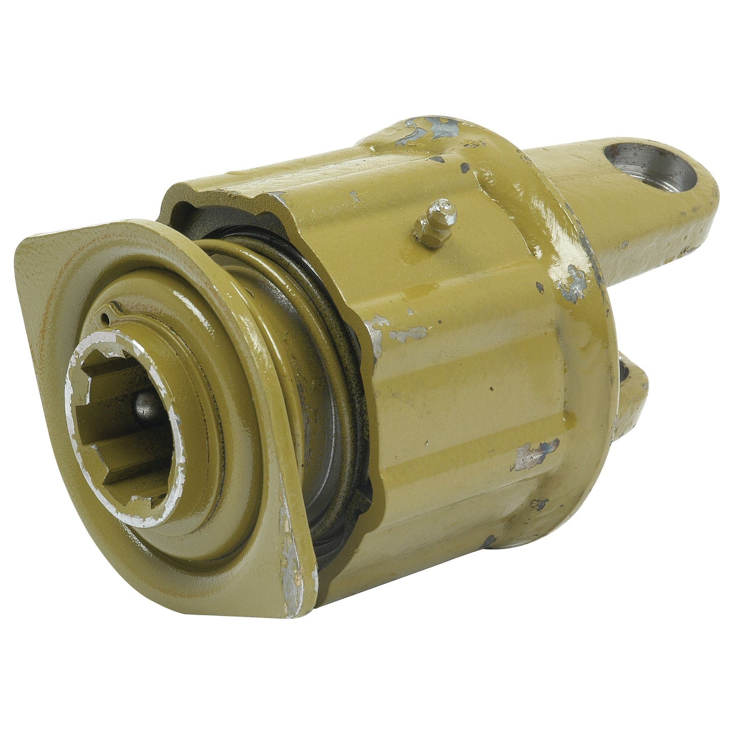 A yellow metal PTO Over-Running Clutch (U/J Size: 32 x 76mm; Size: 1 3/8''-6 Spline - S.6720 by Sparex) with a cylindrical body, grooves, and a bolt attachment point, showing signs of wear and chipping paint, likely from the German Series AW35/W2400.