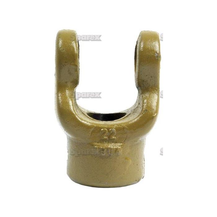 A metallic U-shaped component with two prongs and a central hole, labeled as PTO Yoke - Pinhole Yoke (U/J Size: 22 x 54.8mm) Bore Ø1 1/4'', Pin Ø: 1/4'' and identified by Sparex Part No.S.6124, ideal for use in the Sparex German Series.