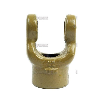 A metallic U-shaped component with two prongs and a central hole, labeled as PTO Yoke - Pinhole Yoke (U/J Size: 22 x 54.8mm) Bore Ø1 1/4'', Pin Ø: 1/4'' and identified by Sparex Part No.S.6124, ideal for use in the Sparex German Series.
