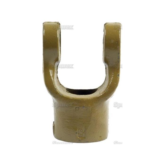 The PTO Yoke - Pinhole Yoke (Sparex Part No. S.6511), featuring a U/J size of 23.8 x 61.2mm, a bore diameter of 30mm, and a pin diameter of 10mm, displays its metallic finish with a weathered greenish tint in a U-shape design reminiscent of a Universal Joint, presented against a plain white background from the front view.
