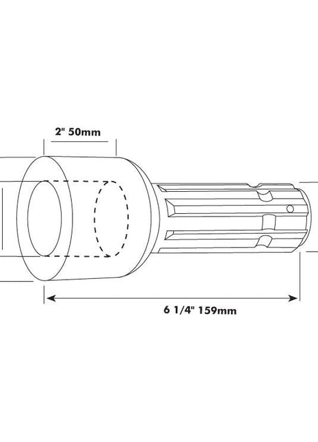 Technical drawing of a cylindrical object with dimensions labeled, resembling a PTO Pump Adaptor - Bore ⌀25mm x Male spline 1 3/8'' - 6. The length is 6 1/4 inches (159 mm), and the diameter is 2 inches (50 mm). Other labeled dimensions are 60 mm and Bore ⌀25mm x Male spline 1 3/8'' - S.15719 by Sparex. Suitable for applications up to 70HP.